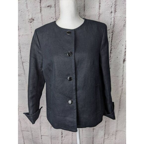 Talbots Black‎ Blazer Heavy Linen Long Sleeve Pockets Button Jacket Sz 10 Medium - Picture 1 of 7
